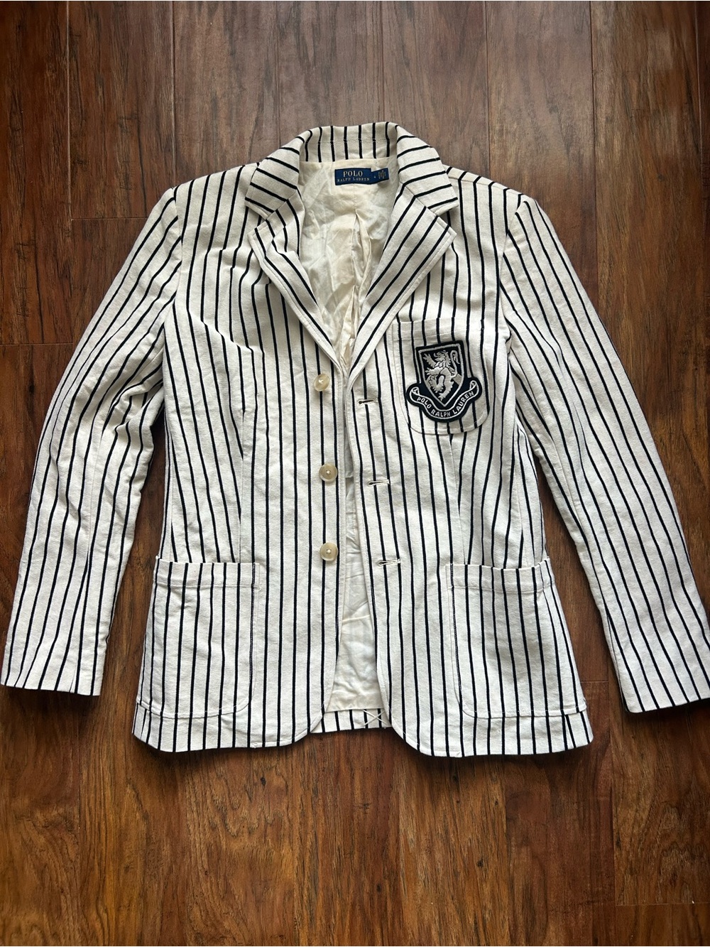 Polo by Ralph Lauren Cream Blazer with Navy Pinstripes and Crest Patch Cotton - Picture 5 of 16